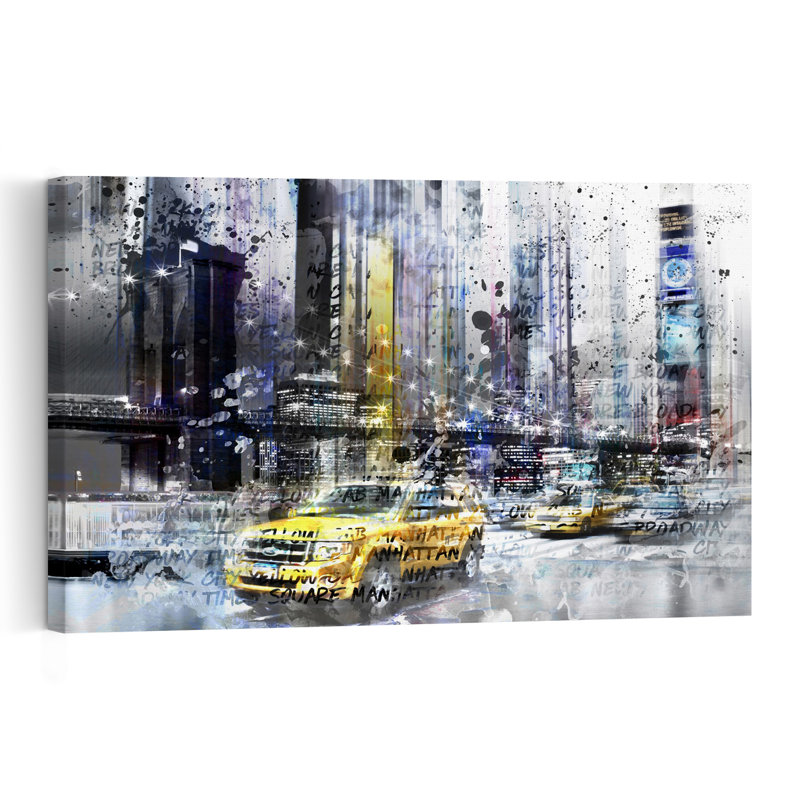 «Vibrant New York Taxis», impression d'art moderne abstrait coloré de la ville, H 24 po x l 36 po