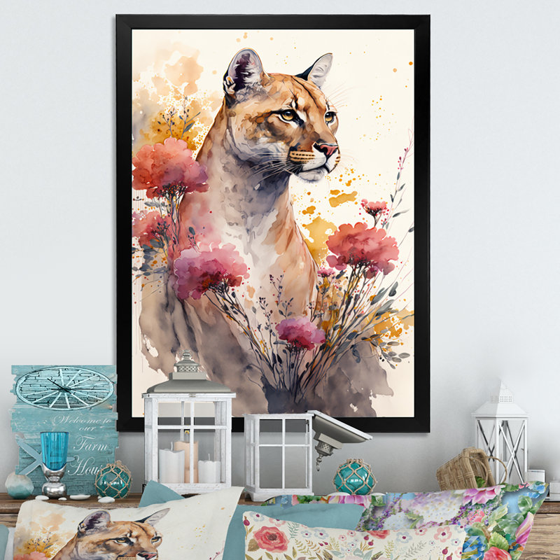 «Cute Puma Floral Art III», peinture sur toile, Impression noire sur toile encadrée, H 20 po x l 12 po x P 1 po
