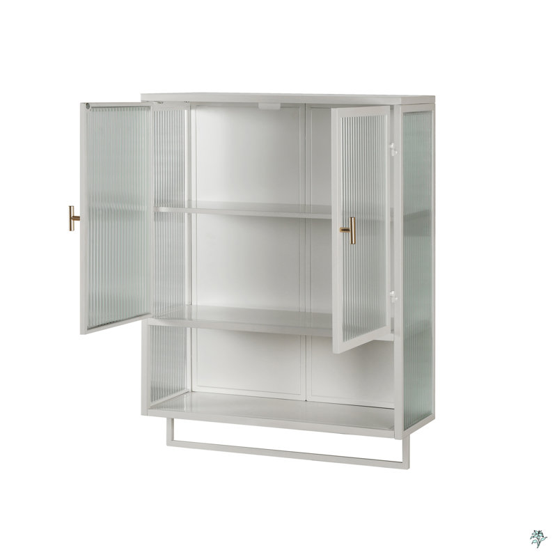 Glass Doors Modern Two-Door Wall Cabinet With Featuring Two-Tier Enclosed Storage, An Open Shelf, And Towel Rack