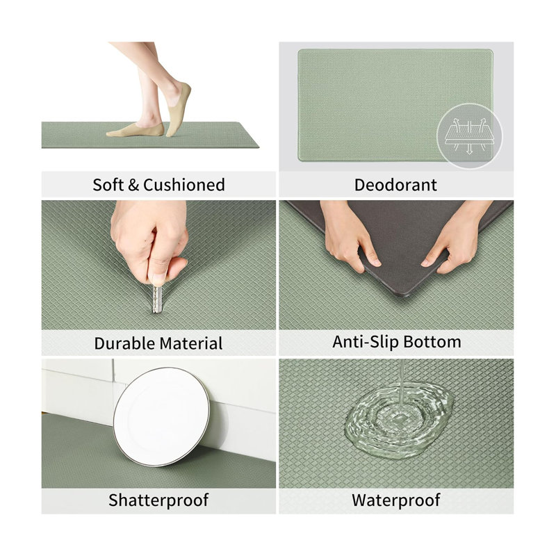 Light Green Cushioned Anti-Fatigue Kitchen Rug Set, Washable Synthetic