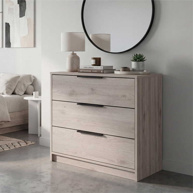 Commode et table de chevet Kaia, commode 27 po avec 3 tiroirs pour la chambre à coucher, Beige clair
