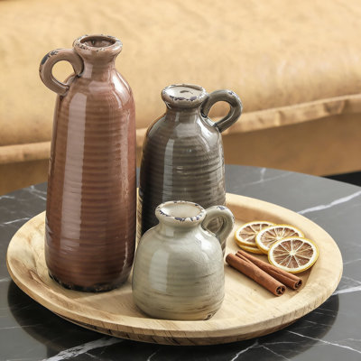Ensemble de 3 vases en céramique avec poignées, vases de style maison de campagne rustique pour table moderne, manteau de cheminée, tablette et vestibule Boho