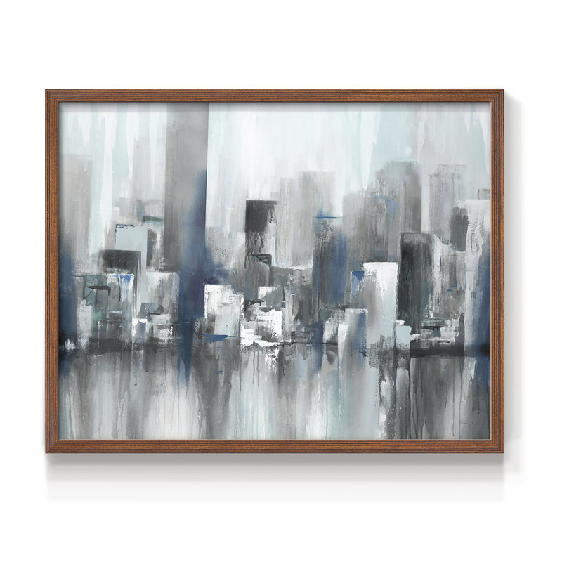 Cityscape in Blues -Framed Print - Restickable, H 22 po x l 28 po, Noyer