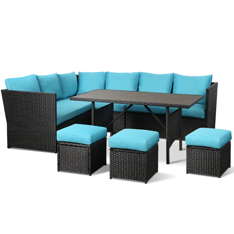 Hinesville 7 Piece Rattan Lounge Dining with Cushions, Black Frame/Blue Cushion
