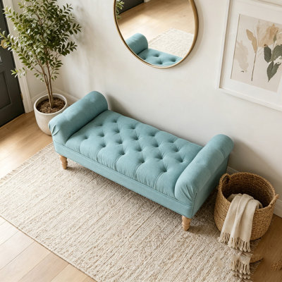 Banc bout de lit capitonné, grand repose-pieds rembourré, repose-pieds avec pieds, tabouret avec accoudoirs roulés, banc rembourré en tissu