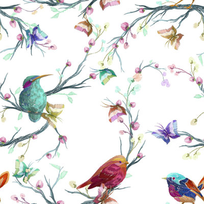 Birds And Butterflies Wallpaper Floral Roll
