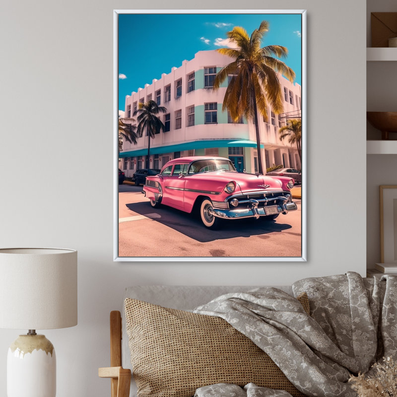 Miami Ocean Drive Pink Drive, reproduction d'art sur toile, H 20 po x l 12 po x P 1 po, Cadre flottant blanc