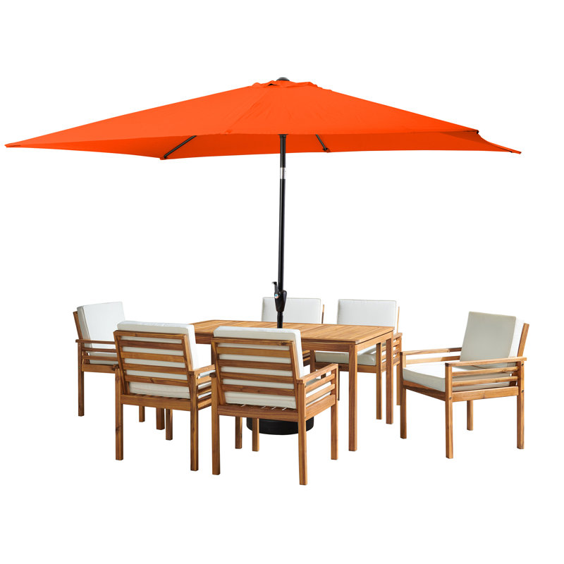 8 Piece Set Okemo Table w/6 Chairs 10"" Rectangular Umbrella (Orange), 6, Orange