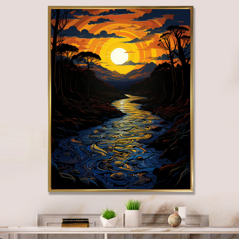 Coucher de soleil africain sur la rivière Jungle 2 - Art mural jungle, Cadre flottant doré, H 40 po x l 30 po x P 1,5 po