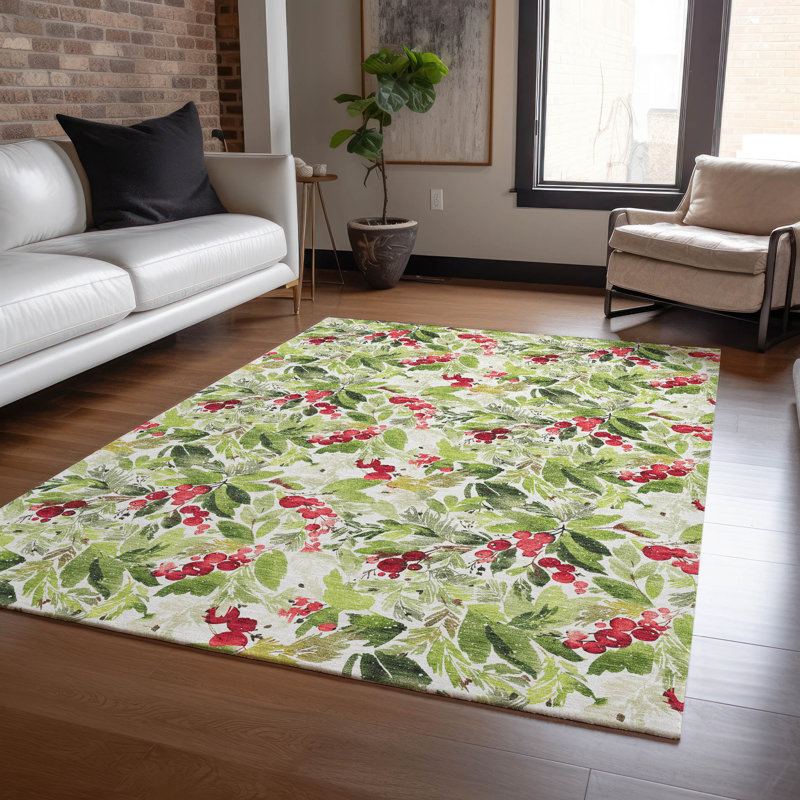 Machine Washable Indoor/Outdoor Christmas Cherries Xhevrie Aloe Rug, Rectangle 3' x 5'