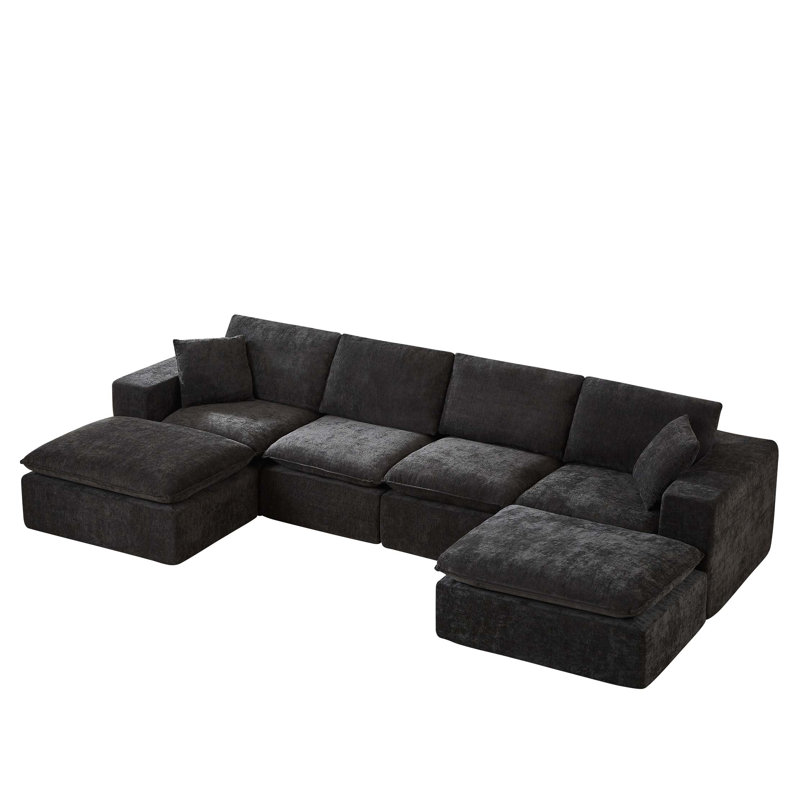 Canapé moderne en nuage de chenille, librement combinable, H 33,85 po x l 137,79 po x P 68,89 po, 4, Noir
