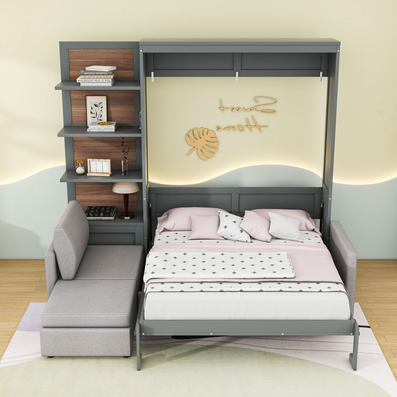 Grand lit escamotable en bois avec canapé et tablettes, Gris