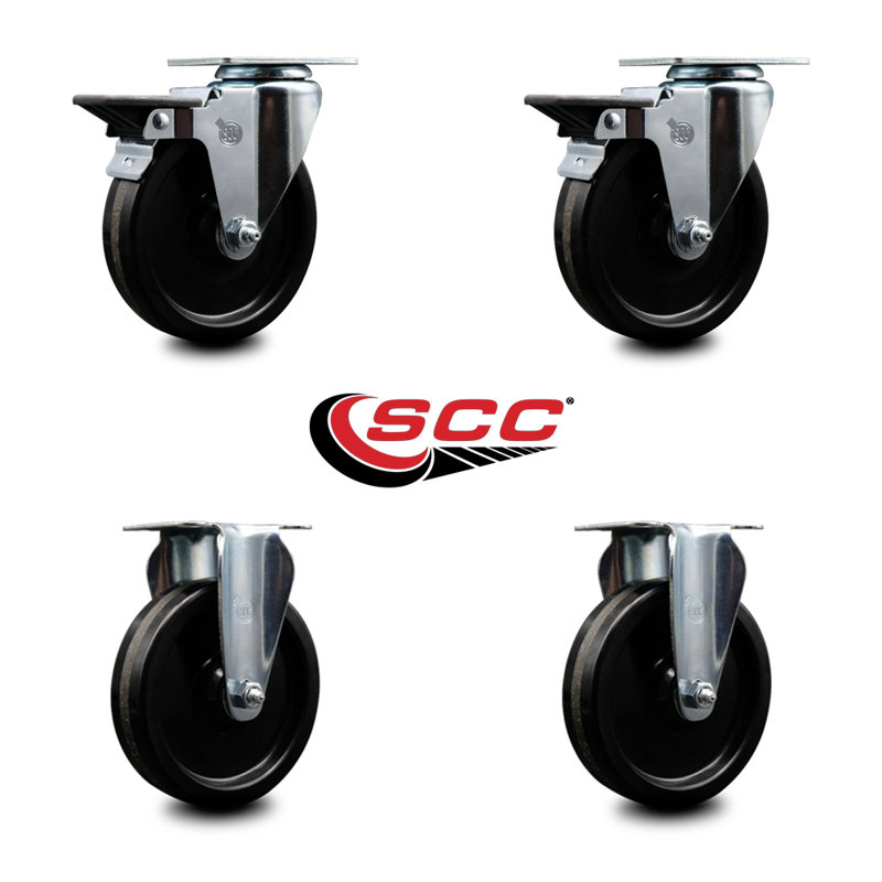 5 Inch Phenolic Wheel Swivel Top Plate Caster Set with 2 Posi Brakes 2 Rigid SCC