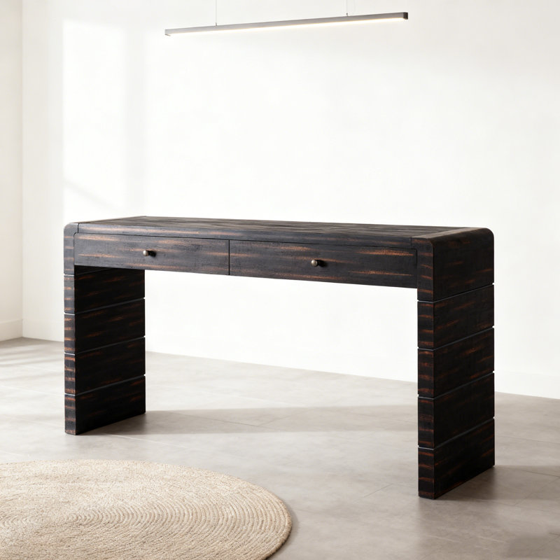 Curved Console Table With Storage, Wooden Entryway Table With 2 Drawers, Farmhouse Rustic Console Tables For Entryway, Hallway, Living Room, Distressed Black