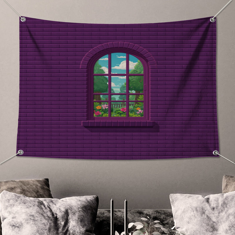 Tapisserie murale brique mauve - fenêtre, H 50 po x l 60 po avec 4 œillets