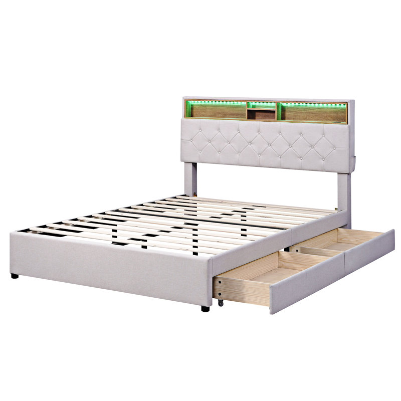 Lit plateforme avec rangement Emoni, Double, Beige
