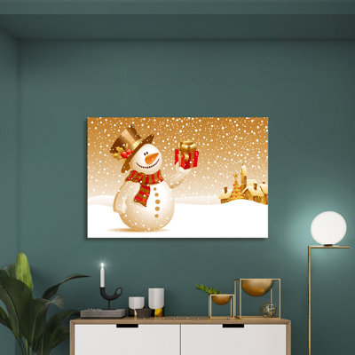 " Cute Snowman With Hat And Scarf Holding Gift Box " Painting Print