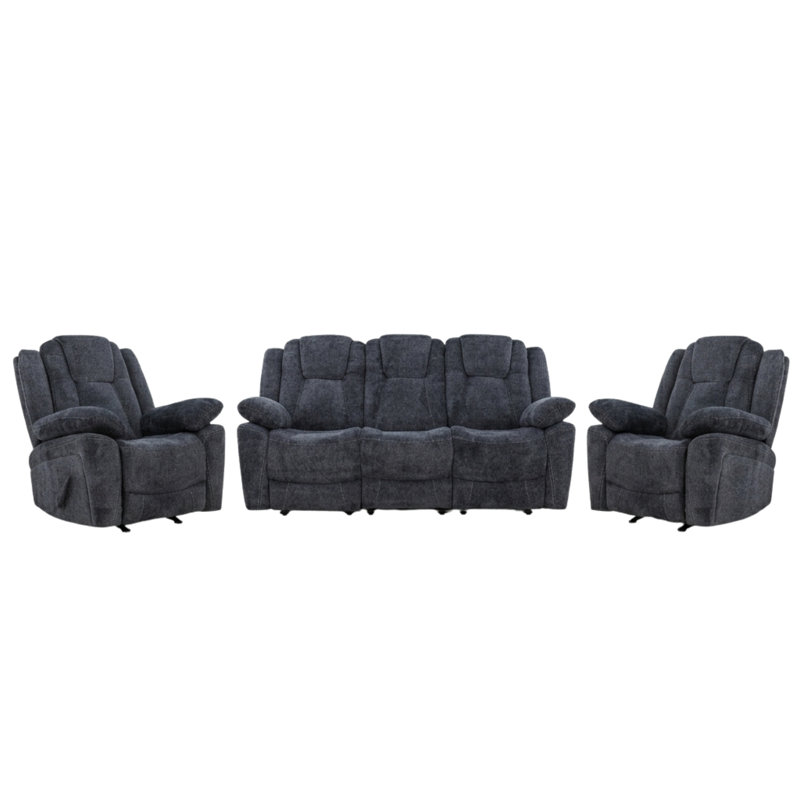 Ensemble 3 pièces de canapé inclinable manuel inclinable gris foncé, 3 Pcs: 2 Chairs, Sofa