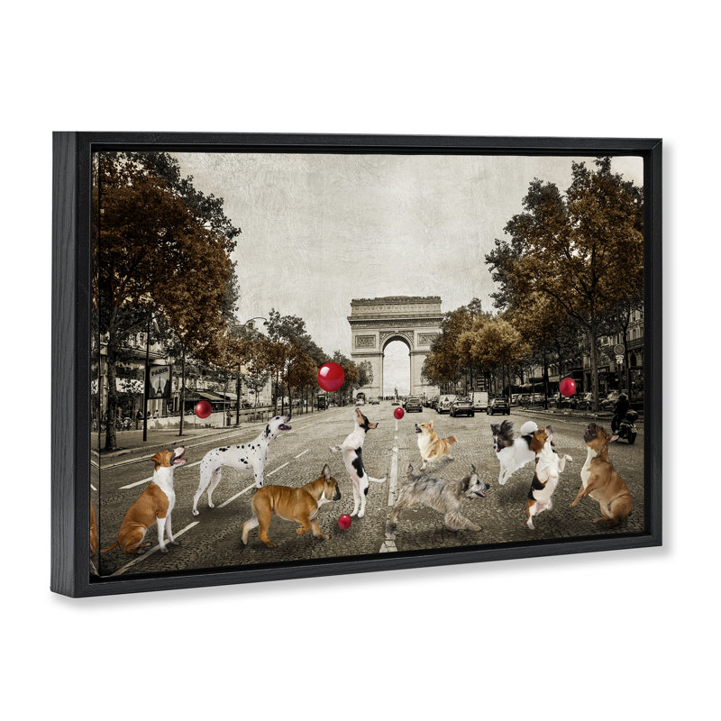 «Dogs jouer parmi l'architecture» par CAD Designs, Cadre flottant noir de jais, H 17 po x l 25 po