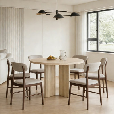 47.2" Mid-Century Modern Round Dining Table with Fluted 4 Legs Base, Beige Wood Texture
