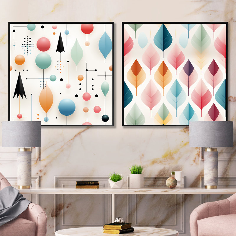Ensemble de 2 pastels scandinaves à motif géométrique pastel - formes abstraites carrées, Cadre flottant noir