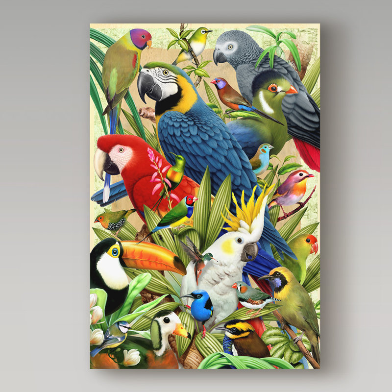 Vibrant Tropical Birds Acrylic Painting on Canvas with Wood Frame