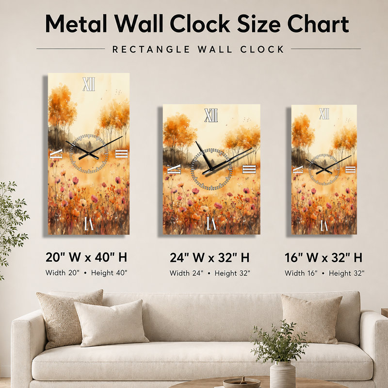 Horloge murale Cottage - Prairie de fleurs sauvages roses et jaunes à l'horizon, H 40 po x l 20 po - Rectangle