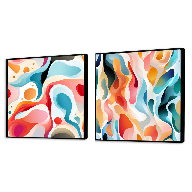 Vague de neutralité abstraite multicolore - ensemble de 2 collages carrés abstraits, Cadre flottant noir, H 36 po x l 73 po
