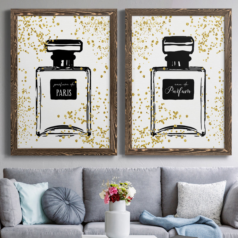 Glitter Perfume I - ensemble de 2 peintures sur toile encadrées, Toile avec cadre en noyer, H 24 po x l 36 po x P 1,5 po