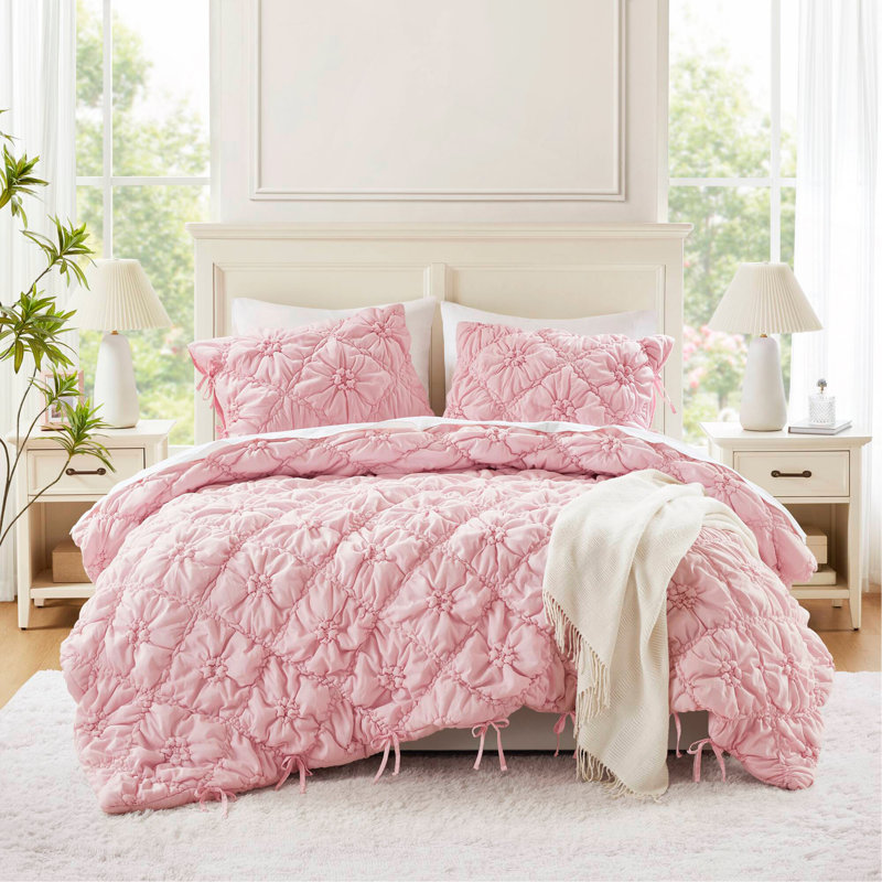 Ensemble d'édredon 3 pièces, Édredon double et 2 taies décoratives, Rose
