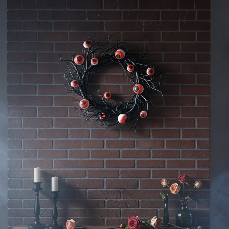 Couronne d'Halloween globe oculaire avec guirlande de lumières DEL rouges, couronne artificielle noire de 17,7 po pour décoration murale de porte d'entrée