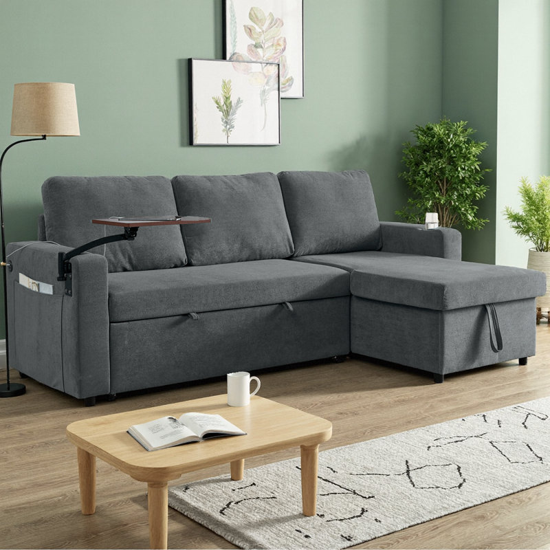 Modern Chenille L-Shape Sectional Sofa with Pull-Out Bed, Retractable Table & LED Lighting, 3-Seater Modular Sleeper Sofa with USB Charging Ports and Cup Holders
