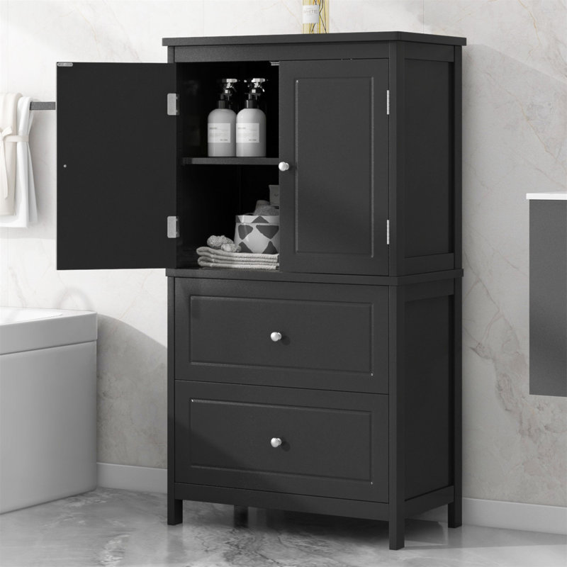 Bathroom Storage Cabinet, Cabinet With Two Doors And Drawers, Adjustable Shelf, MDF Board, Black
