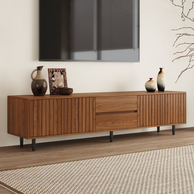70.78" Mid-Century Modern TV Stand for TVs Up to 75", Walnut Wood Grain Media Console with Slatted Doors, 2 Drawers & 2 Cabinets