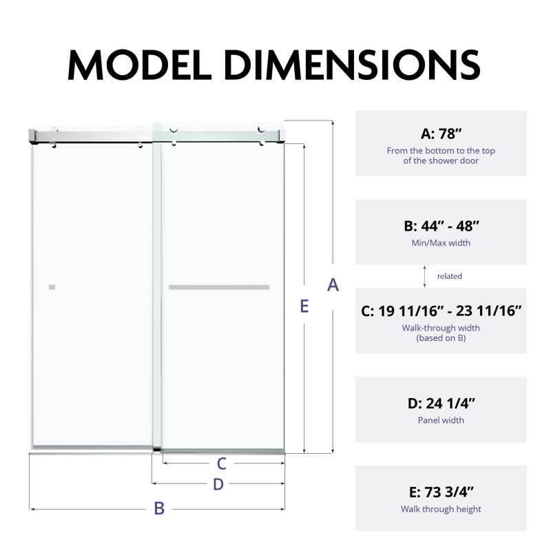  44" – 48” W x 78"H Frameless Double Sliding Soft Closing Glass Shower Doors | 3/8" Tempered Clear Glass | Leak-Proof Precision | Durable Stainless-Steel Hardware
