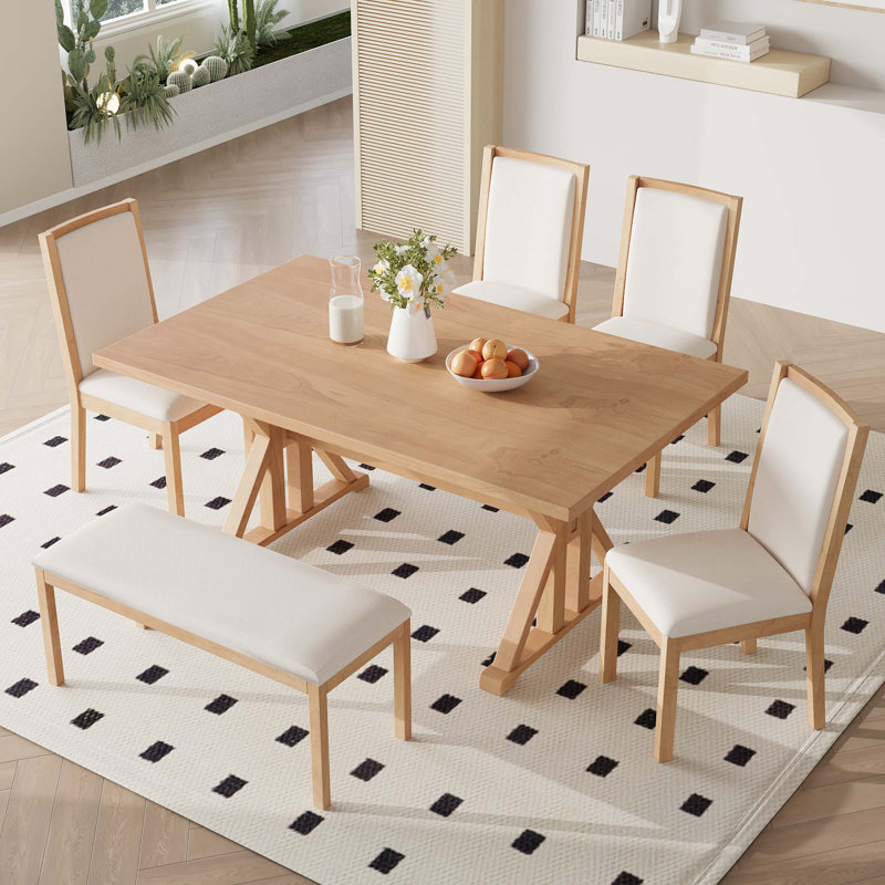Table de salle à manger 6 pièces avec 4 chaises rembourrées et banc Farmhouse Classical, Naturel, Naturel