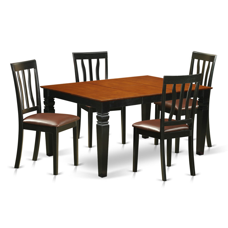 L'ensemble de salle à manger 5 pièces comprend une table de salle à manger rectangulaire avec feuille papillon et 4 chaises en similicuir, noir et cerise