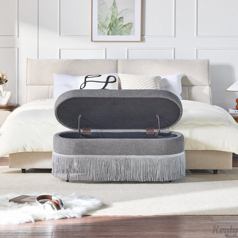 Repose-pieds ovale rembourré avec rangement à franges et couvercle relevable, Gris, Gris