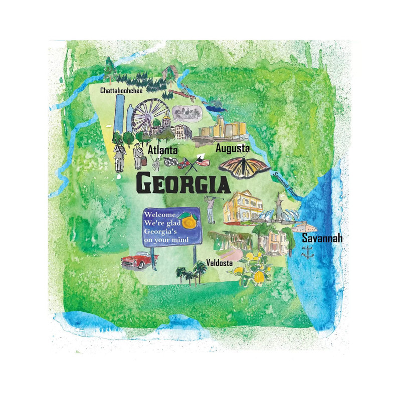 Georgia Illustrated Travel 1 Piece Wrapped Canvas Wall Art, 66.04 cm H x 66.04 cm W x 1.91 cm D