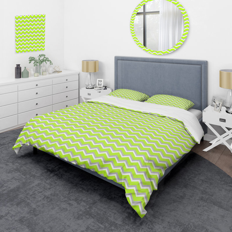 Green Abstract Geometric Polyester Chevron / Zig Zag Duvet Cover