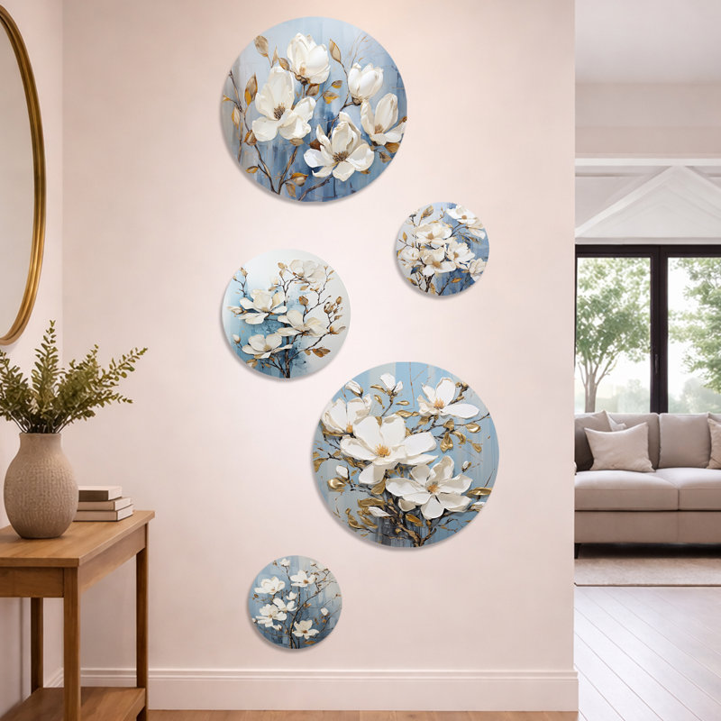 Élégant ensemble de 5 décorations murales en métal blanc et bleu Bloom VI - Magnolias