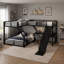 Lit superposé simple au-dessus d'un grand lit en forme de L avec lit mezzanine simple, lit superposé triple en métal avec glissade et ports USB