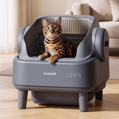 Bac à litière autonettoyant Oneisall: couvercle ouvert, capteur de sécurité à 4 couches, doublure lavable facile à nettoyer, poubelle de 11 L, sacs de déchets 40 pièces avec tapis pour plusieurs chats