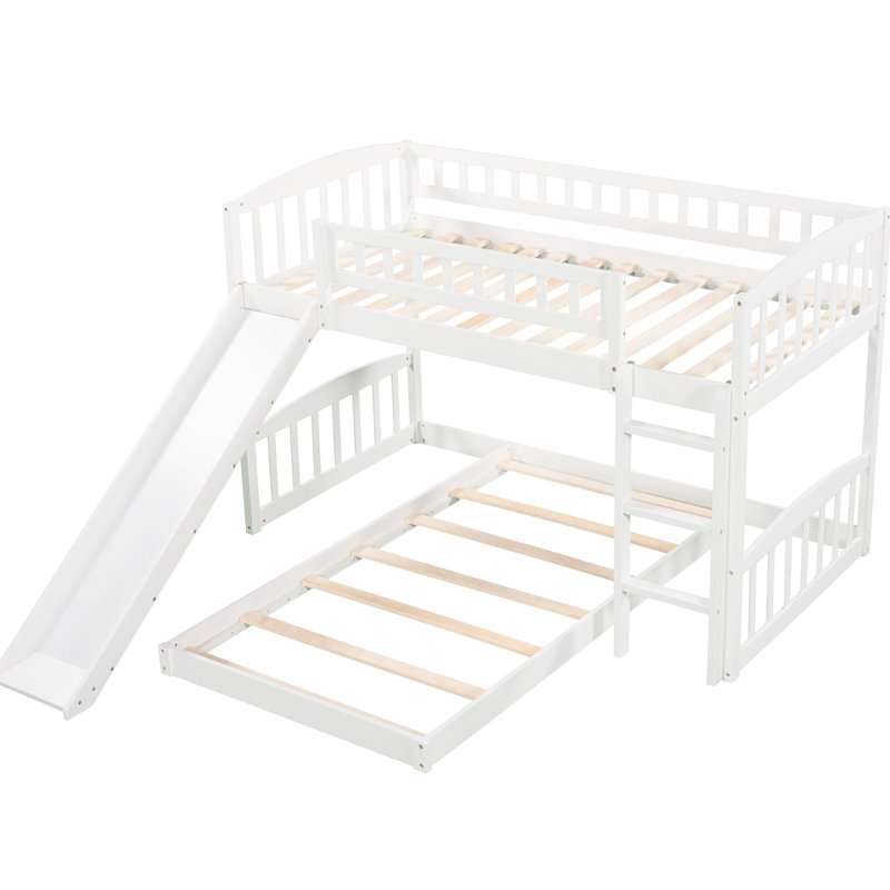 Twin Over Bunk Bed In White, Equipped With Slide And Reversible , Solid Pine Frame Material, Space - Saving For Bedrooms, Gray Style Features, 18 Support Slats White Built Adjustable Side