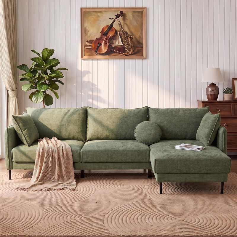 115" Modern 4 Seat Linen Blend L Shaped Modular Sectional Sofa With Ottoman, Green Linen Blend