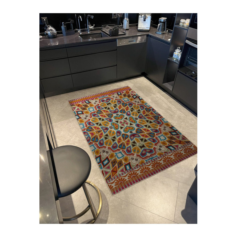 Tapis décoratif multicolore à motifs floraux et géométriques lavables à la machine, Rectangle 3 pi 3 po x 4 pi 11 po