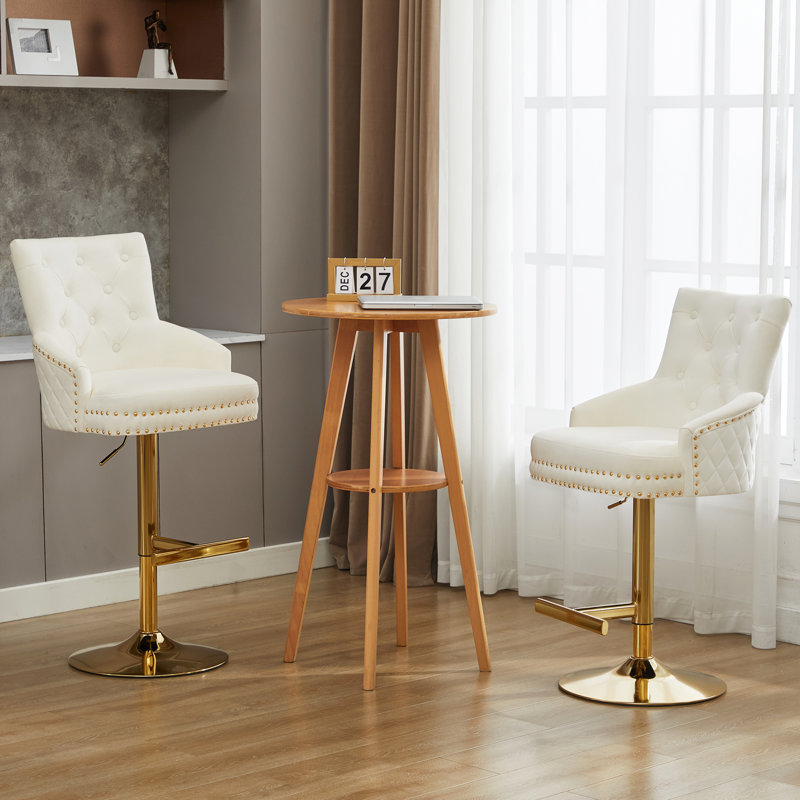 Jakhai Swivel Upholstered Adjustable Height Counter Stool with Metal Frame, Gold, Beige