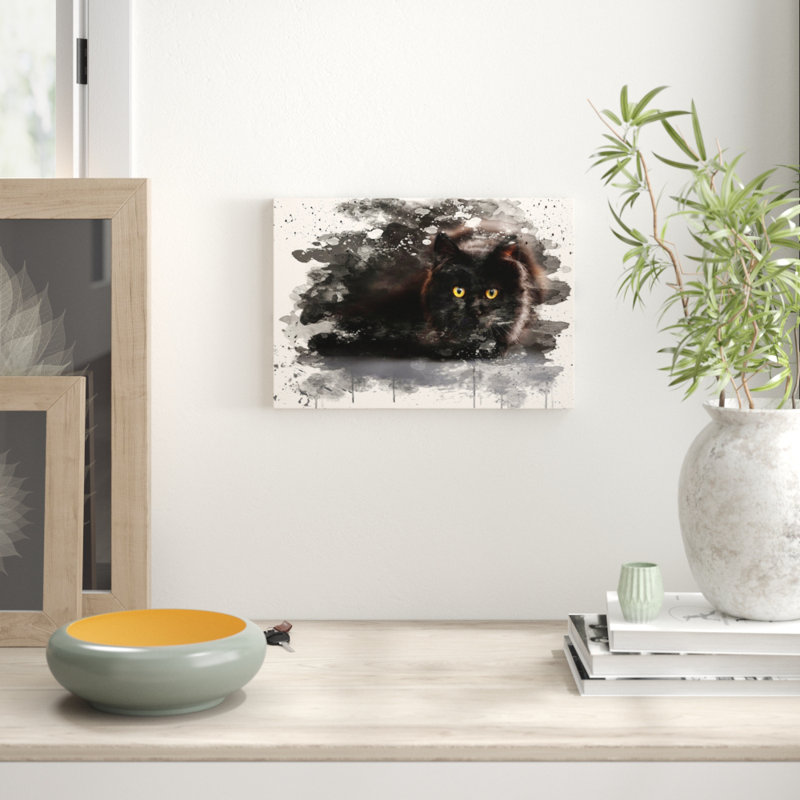 Black Cat Painting on Canvas - Wrapped Canvas, 35cm H x 50cm W