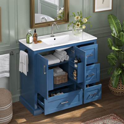 Meuble-lavabo autoportant avec lavabo en céramique et tiroirs à fermeture en douceur