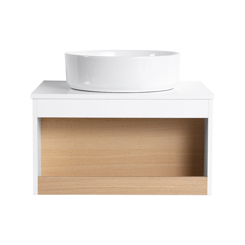 Lavabo vasque rond 24 po, meuble-lavabo mural avec rangement ouvert, finition blanche avec comptoir durable, conception moderne peu encombrante (livré dans 2 boîtes)